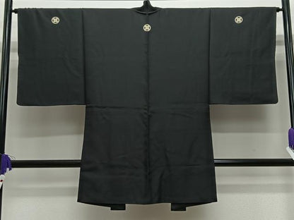 平和屋着物＃男性　長羽織　黒紋付　黒地　正絹　逸品　CABE5187ua