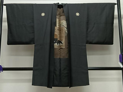 平和屋着物＃男性　長羽織　黒紋付　黒地　正絹　逸品　CABE5187ua