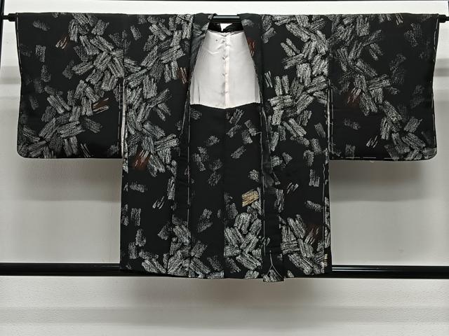 平和屋着物＃羽織　寿光織　幾何学文様　黒地　銀糸　正絹　逸品　未使用　CABE5192ua