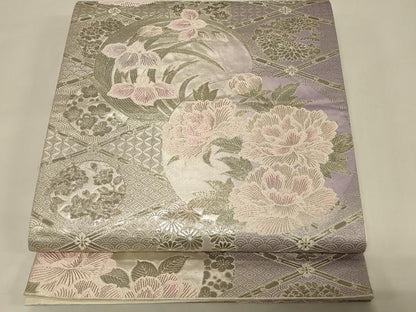 平和屋着物◎六通柄袋帯　唐織　四君子菱取花鳥文　プラチナ箔　正絹　逸品　CABE5285in