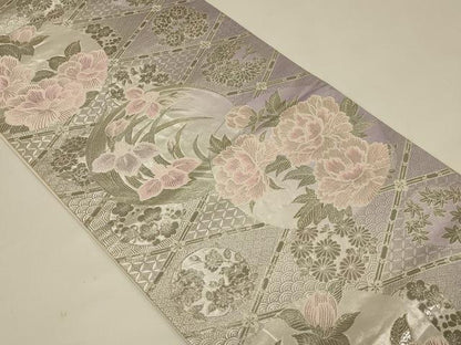 平和屋着物◎六通柄袋帯　唐織　四君子菱取花鳥文　プラチナ箔　正絹　逸品　CABE5285in