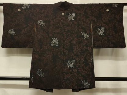平和屋着物＃羽織　草花文　黒地　銀糸　正絹　逸品　CABE5340in