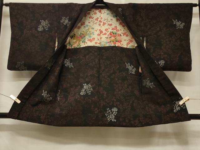 平和屋着物＃羽織　草花文　黒地　銀糸　正絹　逸品　CABE5340in