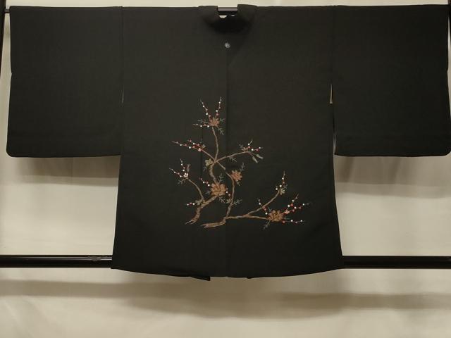 平和屋着物＃羽織　刺繍　枝花文　黒地　金糸　正絹　逸品　CABE5352in