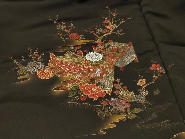 平和屋着物＃羽織　仮絵羽　寿光織　糸巻き草花文　黒地　金銀糸　正絹　逸品　未使用　CABE5357in