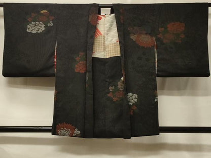 平和屋着物＃羽織　寿光織　草花文　黒地　金銀糸　正絹　逸品　CABE5365in