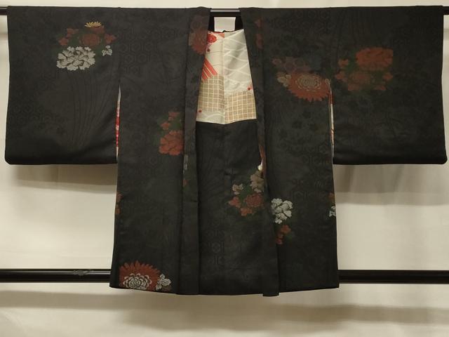 平和屋着物＃羽織　寿光織　草花文　黒地　金銀糸　正絹　逸品　CABE5365in