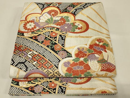 平和屋着物◎六通柄袋帯 唐織 吉祥松花文 鳥 蝶 金銀糸 正絹 逸品 CABE5384in