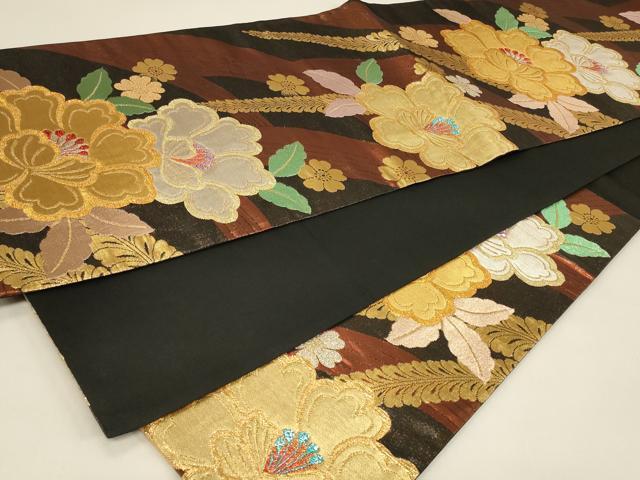 平和屋着物◎六通柄袋帯 草花文 藤花房 黒地 金銀糸 正絹 逸品 CABE5401in