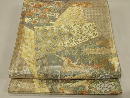 平和屋着物◎宝珠本佐賀錦 六通柄袋帯 九百錦 色紙重ね風景花文 鶴 金糸 正絹 逸品 CABE5403in