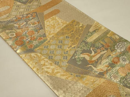 平和屋着物◎宝珠本佐賀錦 六通柄袋帯 九百錦 色紙重ね風景花文 鶴 金糸 正絹 逸品 CABE5403in