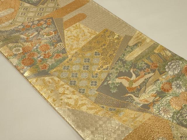 平和屋着物◎宝珠本佐賀錦 六通柄袋帯 九百錦 色紙重ね風景花文 鶴 金糸 正絹 逸品 CABE5403in