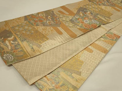 平和屋着物◎宝珠本佐賀錦 六通柄袋帯 九百錦 色紙重ね風景花文 鶴 金糸 正絹 逸品 CABE5403in