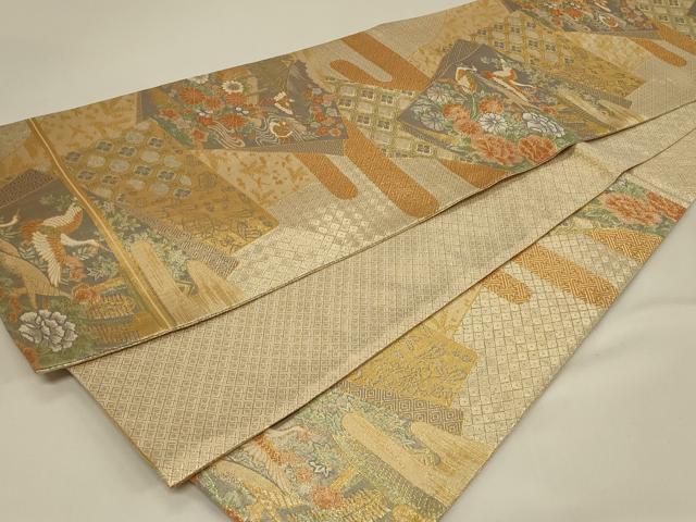 平和屋着物◎宝珠本佐賀錦 六通柄袋帯 九百錦 色紙重ね風景花文 鶴 金糸 正絹 逸品 CABE5403in