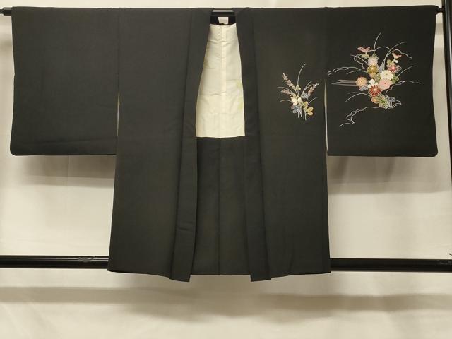 平和屋着物＃羽織　雲取り草花文　黒地　金彩　正絹　逸品　CABE5426in