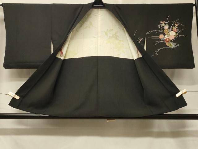 平和屋着物＃羽織　雲取り草花文　黒地　金彩　正絹　逸品　CABE5426in