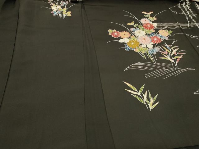 平和屋着物＃羽織　雲取り草花文　黒地　金彩　正絹　逸品　CABE5426in