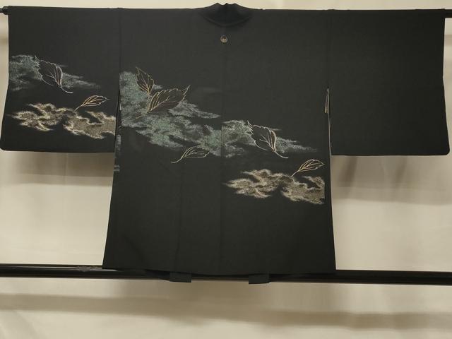 平和屋着物＃羽織 寿光織 霞舞葉文 黒地 金糸 正絹 逸品 CABE5444in