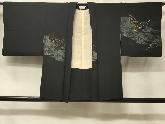 平和屋着物＃羽織 寿光織 霞舞葉文 黒地 金糸 正絹 逸品 CABE5444in