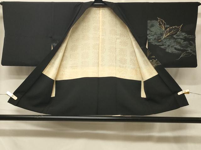 平和屋着物＃羽織 寿光織 霞舞葉文 黒地 金糸 正絹 逸品 CABE5444in