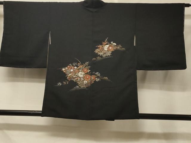 平和屋着物＃羽織 寿光織 流水草花文 黒地 金銀糸 正絹 逸品 未使用 CABE5445in
