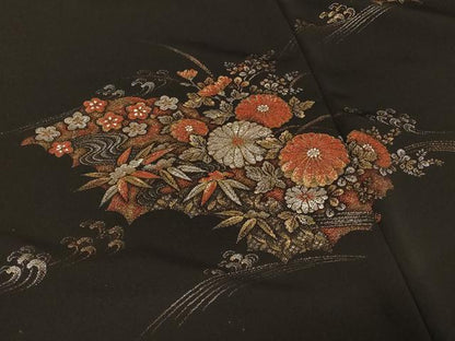 平和屋着物＃羽織 寿光織 流水草花文 黒地 金銀糸 正絹 逸品 未使用 CABE5445in