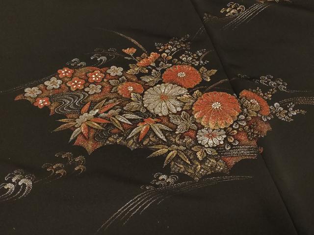 平和屋着物＃羽織 寿光織 流水草花文 黒地 金銀糸 正絹 逸品 未使用 CABE5445in
