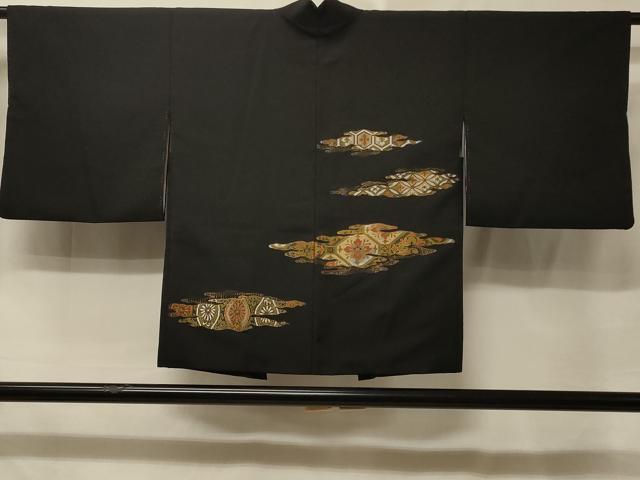 平和屋着物＃羽織　刺繍　吉祥花文　黒地　金糸　正絹　逸品　CABE5465in