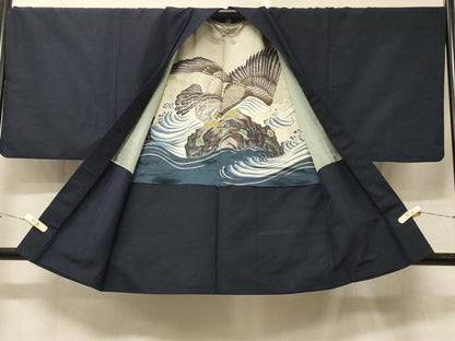 平和屋着物＃男性　羽織　紬地　霞文　青藍色　羽裏：鷹　正絹　逸品　CABE5469in