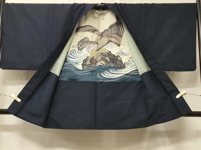 平和屋着物＃男性　羽織　紬地　霞文　青藍色　羽裏：鷹　正絹　逸品　CABE5469in