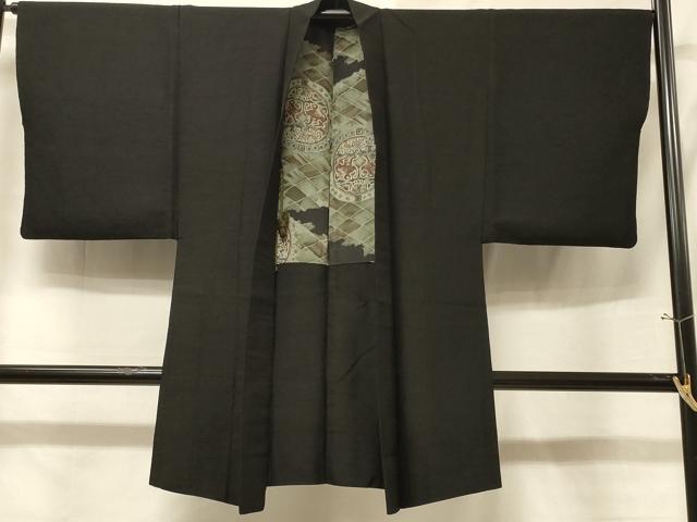 平和屋着物＃男性　長羽織　紬地　霞文　黒地　正絹　逸品　CABE5477in