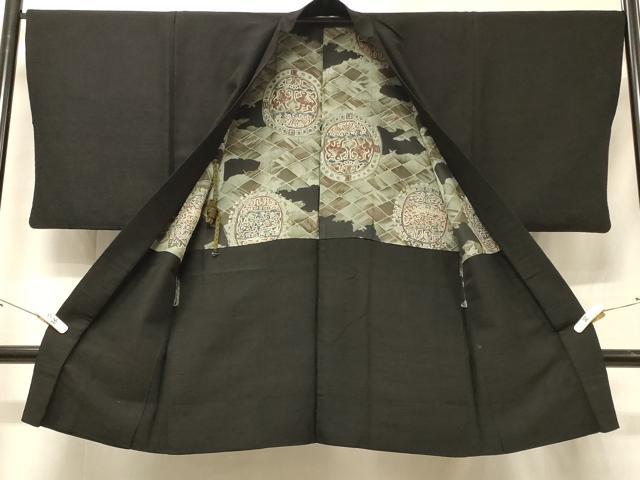 平和屋着物＃男性　長羽織　紬地　霞文　黒地　正絹　逸品　CABE5477in