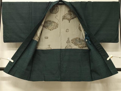 平和屋着物＃男性　長羽織　紬地　霞文　正絹　逸品　CABE5478in
