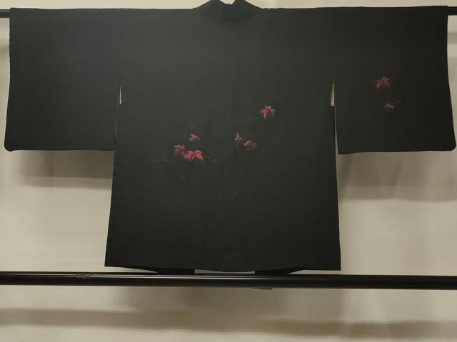 平和屋着物＃羽織 総刺繍 枝葉文 黒地 正絹 逸品 CABE5497in