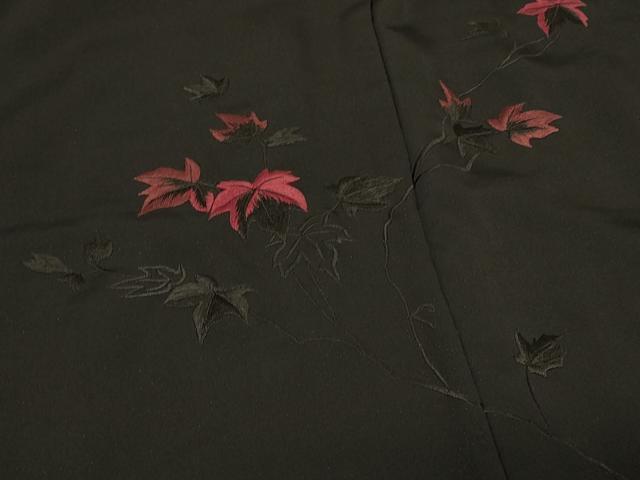 平和屋着物＃羽織 総刺繍 枝葉文 黒地 正絹 逸品 CABE5497in