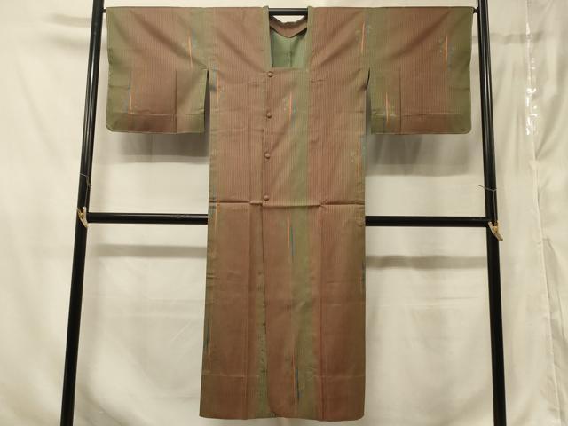 平和屋着物＃道行コート　雨コート　単衣　縞　枝花地紋　暈し染め　ロング丈　正絹　逸品　CABE5502in