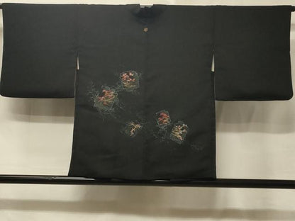 平和屋着物＃羽織　寿光織　破れ色紙枝葉文　黒地　金糸　正絹　逸品　CABE5505in