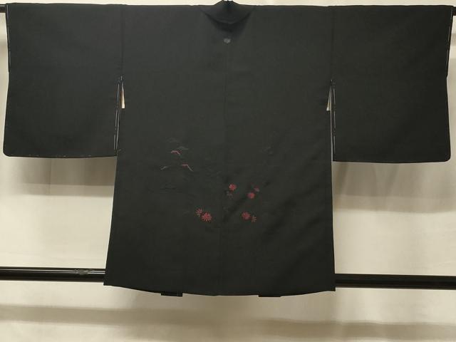 平和屋着物＃羽織　総刺繍　流水草花文　黒地　正絹　逸品　未使用　CABE5509in