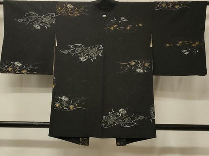 平和屋着物＃羽織　寿光織　草花文　黒地　金銀糸　正絹　逸品　CABE5511in