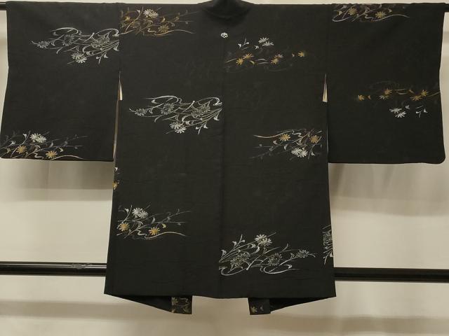 平和屋着物＃羽織　寿光織　草花文　黒地　金銀糸　正絹　逸品　CABE5511in