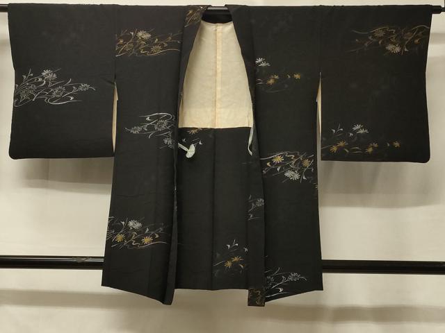 平和屋着物＃羽織　寿光織　草花文　黒地　金銀糸　正絹　逸品　CABE5511in