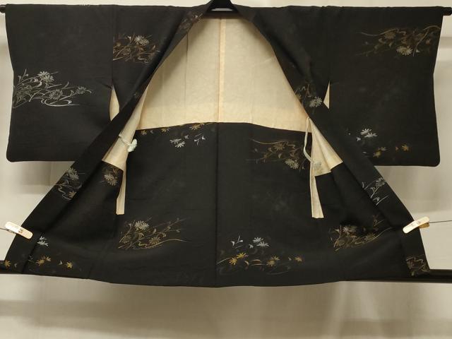 平和屋着物＃羽織　寿光織　草花文　黒地　金銀糸　正絹　逸品　CABE5511in