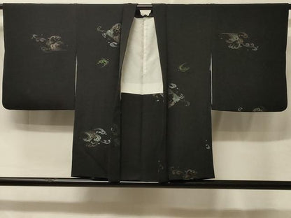 平和屋着物＃羽織　寿光織　立波文　黒地　銀糸　正絹　逸品　CABE5512in