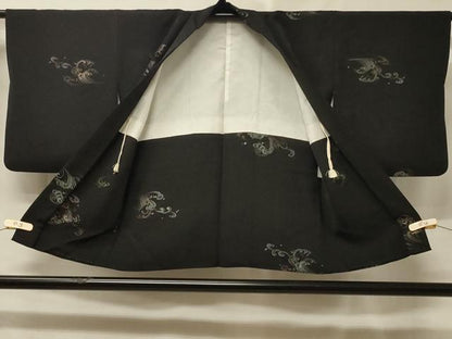 平和屋着物＃羽織　寿光織　立波文　黒地　銀糸　正絹　逸品　CABE5512in