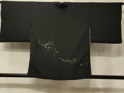 平和屋着物＃羽織　総刺繍　扇面花文　黒地　正絹　逸品　CABE5513in