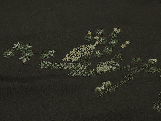 平和屋着物＃羽織　総刺繍　扇面花文　黒地　正絹　逸品　CABE5513in