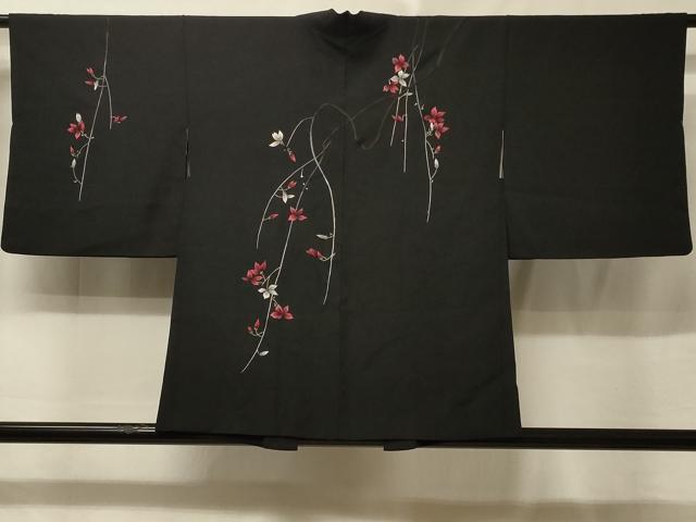 平和屋着物＃羽織　総刺繍　枝垂れ花文　黒地　正絹　逸品　CABE5514in