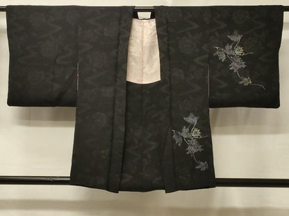平和屋着物＃羽織　寿光織　枝花文　黒地　金銀糸　正絹　逸品　CABE5515in