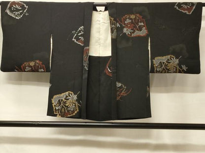平和屋着物＃羽織　寿光織　破れ色紙草花文　黒地　金銀糸　正絹　逸品　CABE5516in