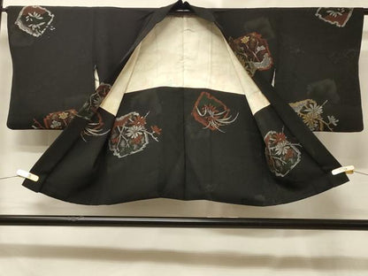 平和屋着物＃羽織　寿光織　破れ色紙草花文　黒地　金銀糸　正絹　逸品　CABE5516in